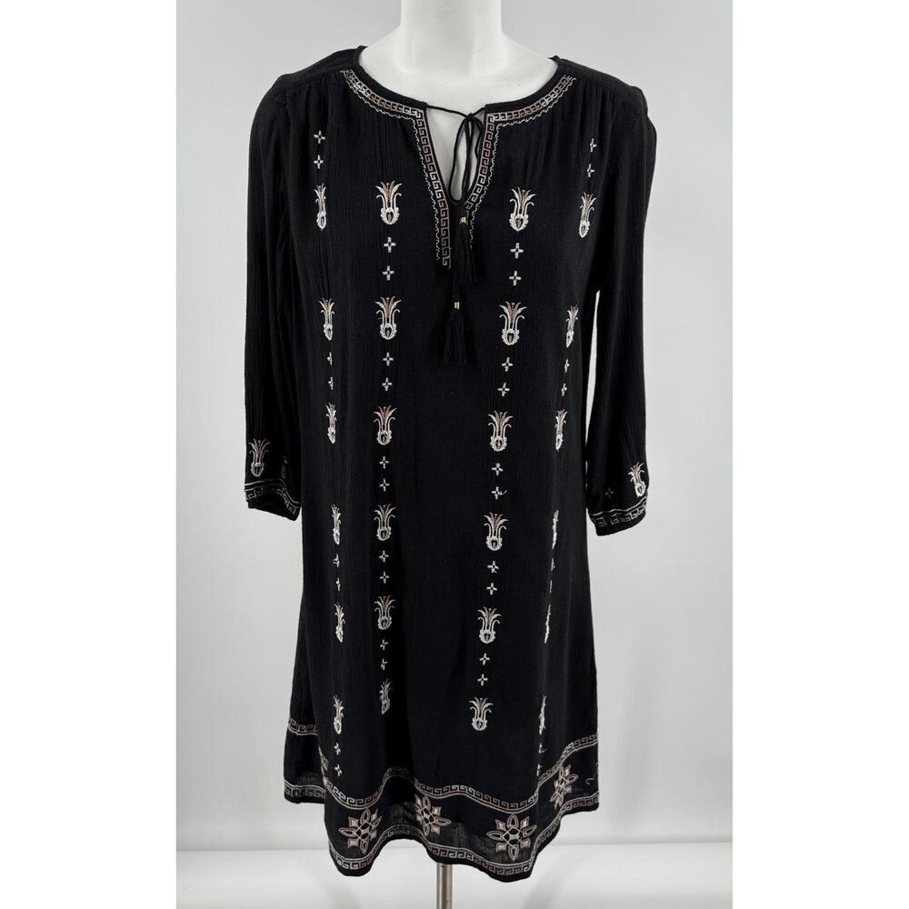 Caslon Black Embroidered 3/4 Sleeves Tassel Tie Neckline Bohemian Dress‎ Small
